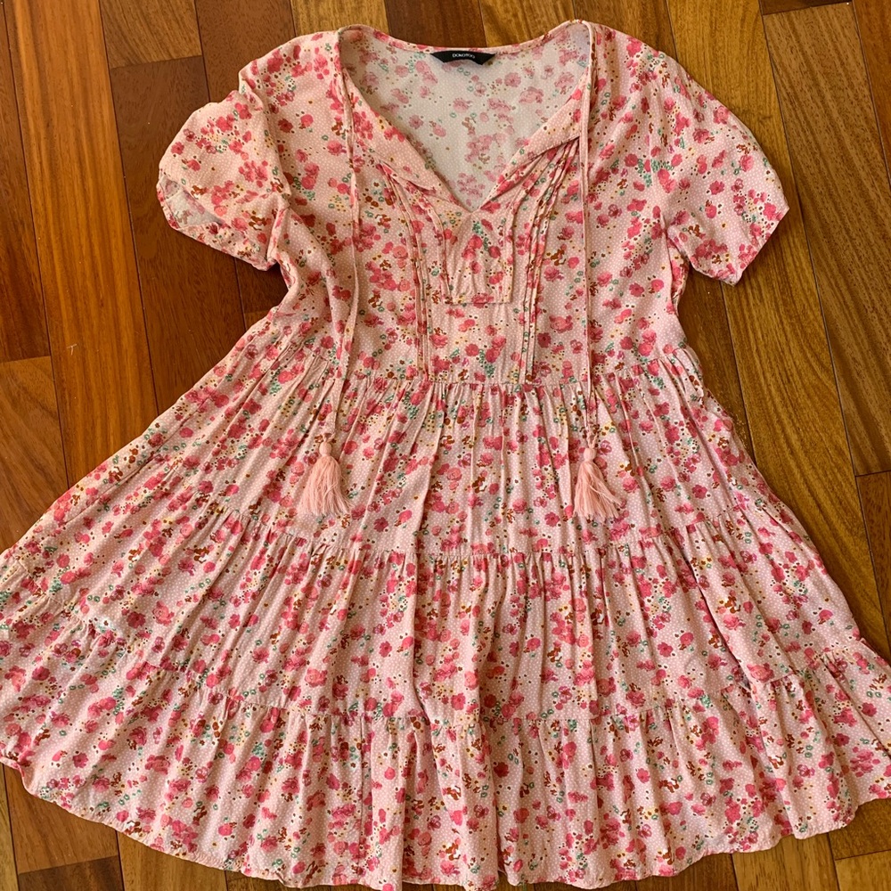 Pink Floral Tiered Dress with Tassel Tie